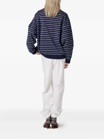 Miu Miu Striped Cotton Sweatshirt With Pointed Collar In Blue
