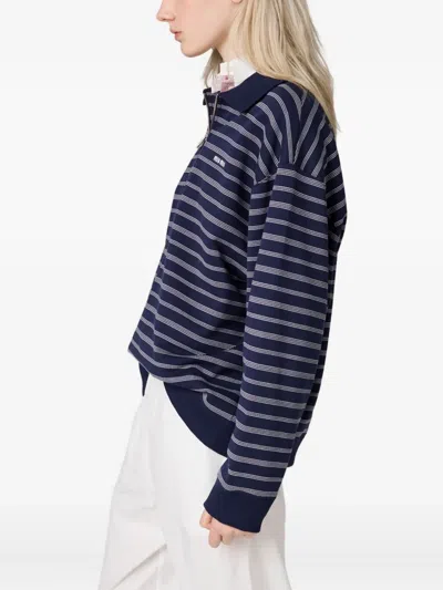 Miu Miu Striped Cotton Sweatshirt With Pointed Collar In Blue