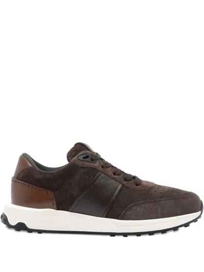 Tod's Low Top Suede Sneakers With Leather Detail In Brown