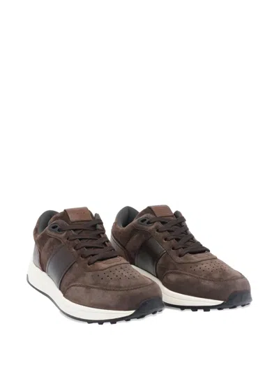 Tod's Low Top Suede Sneakers With Leather Detail In Brown