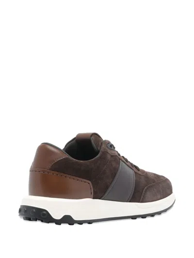 Tod's Low Top Suede Sneakers With Leather Detail In Brown