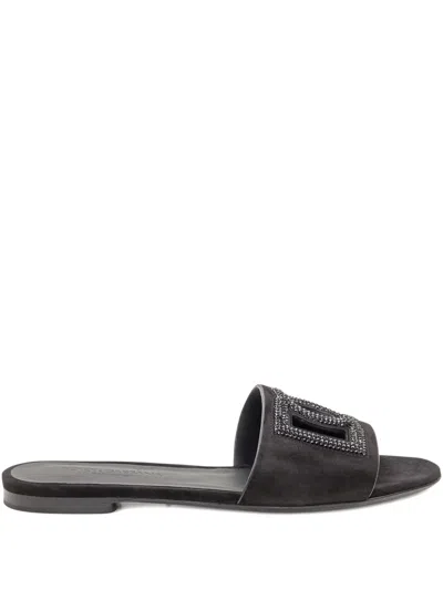 Dolce & Gabbana Embellished Leather Slide Slippers In Black