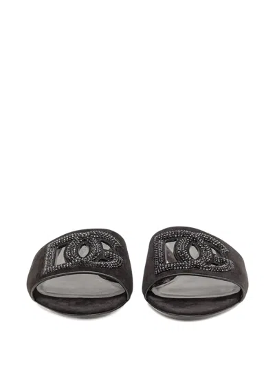 Dolce & Gabbana Embellished Leather Slide Slippers In Black