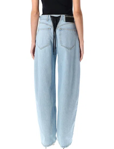 Mugler Lace-up Detail Denim Trousers With Back Pockets In Blue