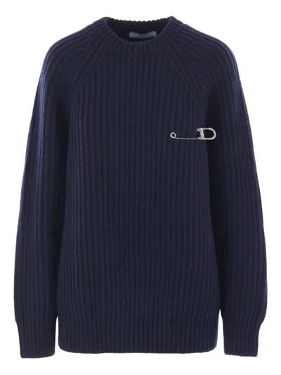 Prada Wool Blend Sweater With Safety Pin Detail In Blue