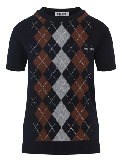 Miu Miu Argyle-pattern Short-sleeve Top In Blue