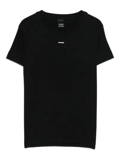 Pinko Black Cotton Crew Neck T-shirt With Logo  In Black