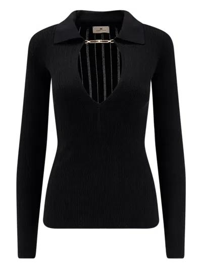 Elisabetta Franchi Deep V-neck Sweater With Gold Accent And Ribbed Texture In Black