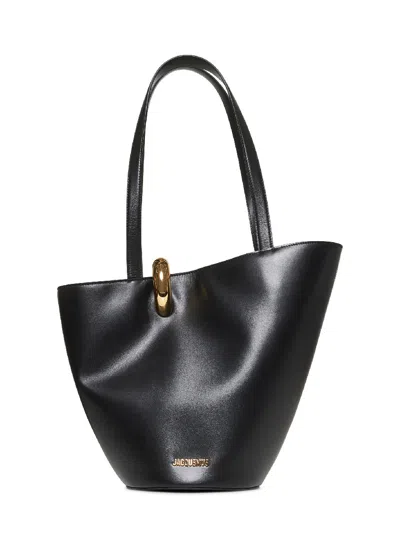 Jacquemus Le Bambola Moyen Black Shoulder Bag With Front Metal Ring Closure And Embossed Logo Letter In Black
