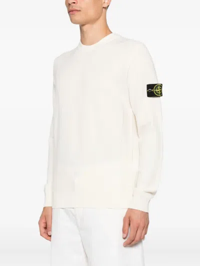 Stone Island High Neck White Sweater With Ribbed Texture And Unique Patch In White