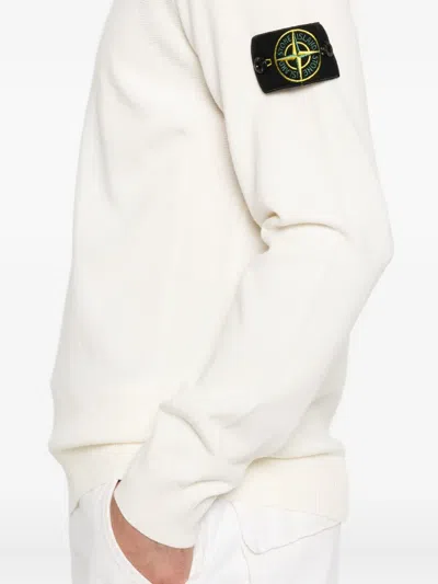 Stone Island High Neck White Sweater With Ribbed Texture And Unique Patch In White