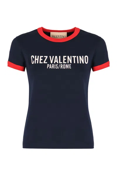 Valentino Crewneck Short Sleeves Contrast Trim Tops In Blue