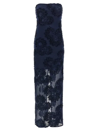 Rotate Birger Christensen Rotate Maxi Dress With Floral Embellishments And Mesh Panel In Blue