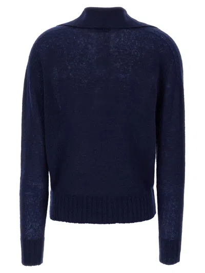Tom Ford V Neck Long Sleeve Ribbed Hem Polo In Blue