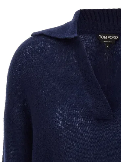 Tom Ford V Neck Long Sleeve Ribbed Hem Polo In Blue