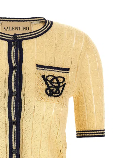 Valentino Embroidered Striped Pointelle-knit Linen-blend Cardigan In Metallic