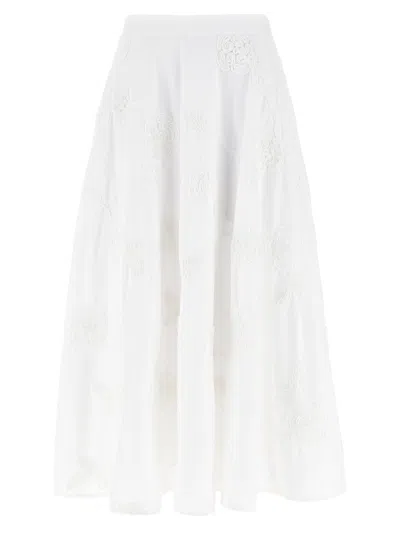 Rotate Birger Christensen Floral Embroidered A-line Midi Skirt In Organic Cotton In White