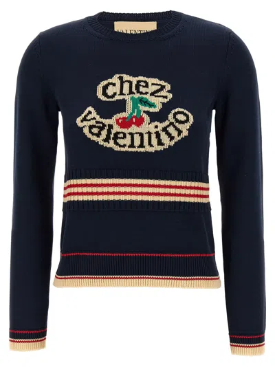 Valentino 'atelier Crew Neck Knitwear With Ribbed Hem And Cuffs' In Blue