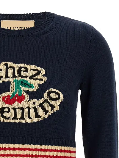 Valentino 'atelier Crew Neck Knitwear With Ribbed Hem And Cuffs' In Blue