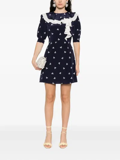 Alessandra Rich Ruffled Pleated Printed Silk Mini Dress In Blue