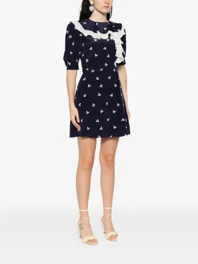 Alessandra Rich Ruffled Pleated Printed Silk Mini Dress In Blue