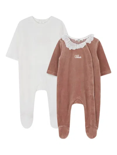 Chloé Lace-collar Velvet Pyjamas In Pink