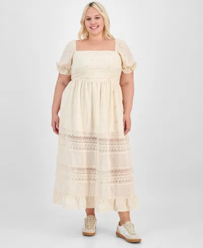 And Now This Trendy Plus Puff-sleeve Lace-trim Midi Dress, Exclusively At Macy's In Neutral