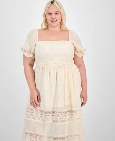 And Now This Trendy Plus Puff-sleeve Lace-trim Midi Dress, Exclusively At Macy's In Neutral