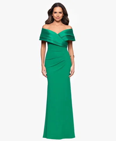 Betsy & Adam Petite "yasmeen" Long Off The Shoulder Scuba Crepe Gown In Green