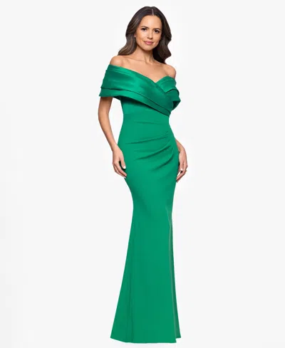 Betsy & Adam Petite "yasmeen" Long Off The Shoulder Scuba Crepe Gown In Green