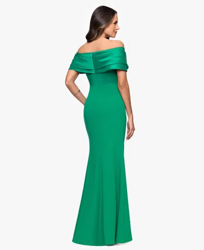 Betsy & Adam Petite "yasmeen" Long Off The Shoulder Scuba Crepe Gown In Green