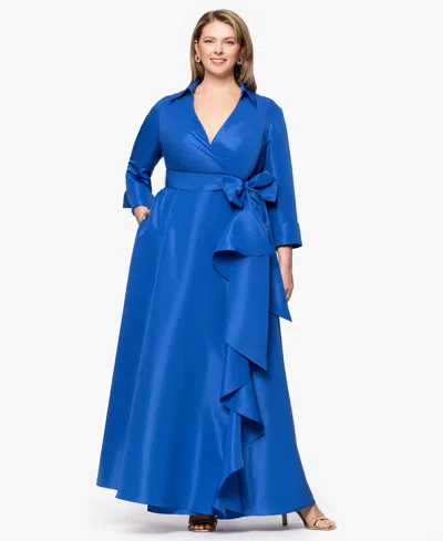 Betsy & Adam Plus "beverly" Taffeta 3/4 Sleeve V-neck A-line Bow And Ruffle Floor Length Dress In Blue