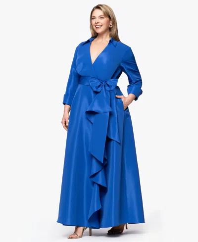 Betsy & Adam Plus "beverly" Taffeta 3/4 Sleeve V-neck A-line Bow And Ruffle Floor Length Dress In Blue