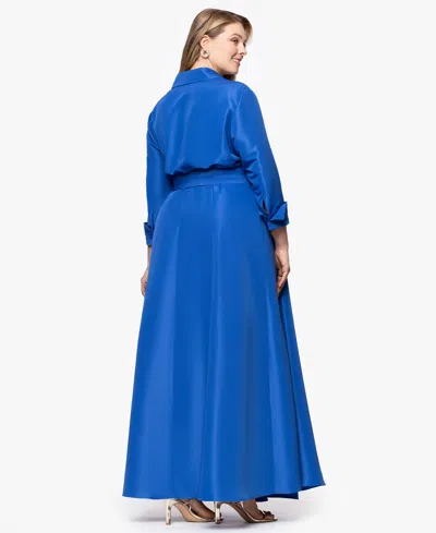 Betsy & Adam Plus "beverly" Taffeta 3/4 Sleeve V-neck A-line Bow And Ruffle Floor Length Dress In Blue
