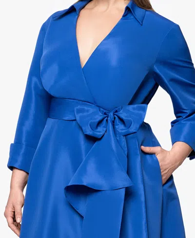 Betsy & Adam Plus "beverly" Taffeta 3/4 Sleeve V-neck A-line Bow And Ruffle Floor Length Dress In Blue