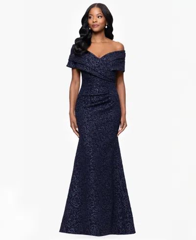 Betsy & Adam Petite "dolly" Jacquard Off The Shoulder Floor Length Dress In Blue