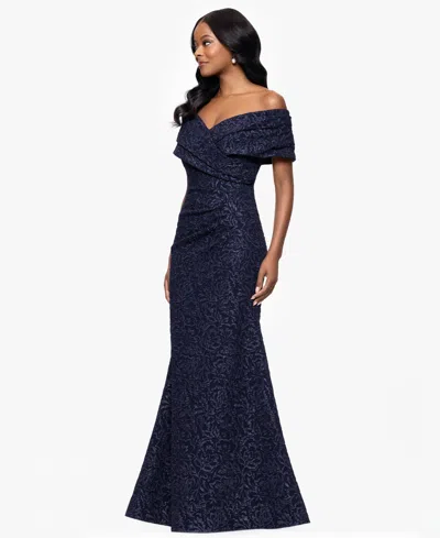 Betsy & Adam Petite "dolly" Jacquard Off The Shoulder Floor Length Dress In Blue