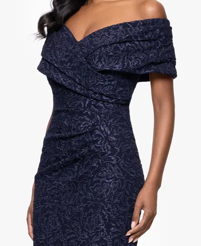 Betsy & Adam Petite "dolly" Jacquard Off The Shoulder Floor Length Dress In Blue
