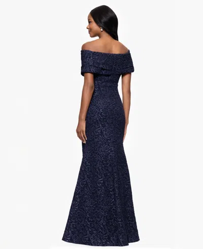 Betsy & Adam Petite "dolly" Jacquard Off The Shoulder Floor Length Dress In Blue