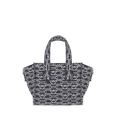 Emporio Armani Small Shopper Bag In Jacquard Canvas With All-over Monogram In Black