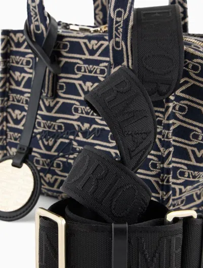 Emporio Armani Small Shopper Bag In Jacquard Canvas With All-over Monogram In Black