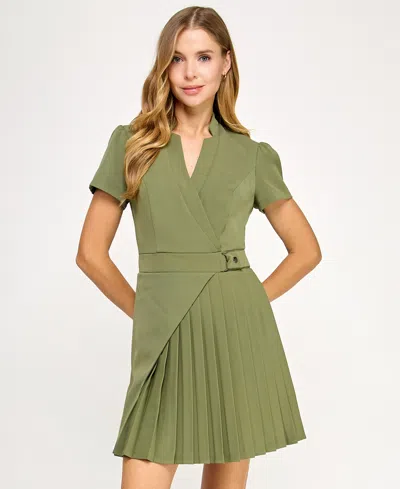 Seni & Cade Juniors' Short-sleeve Pleated Fit & Flare Dress In Green