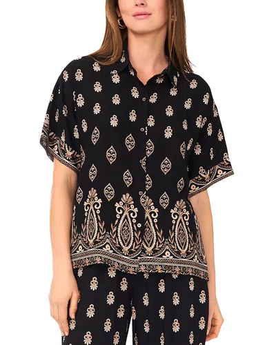 Vince Camuto Print Twist Hem Short Sleeve Button-up Shirt In Black