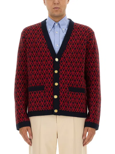 Valentino Toute La V Jacquard Wool Cardigan In Red