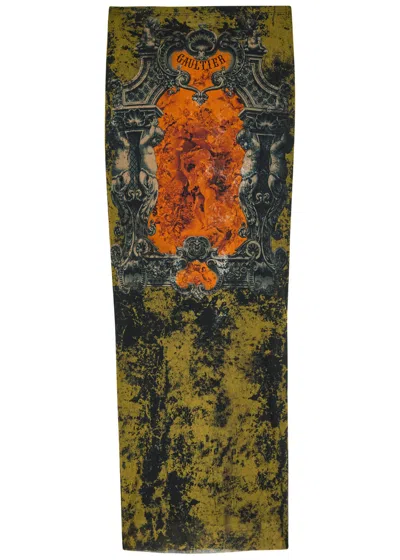 Jean Paul Gaultier Mesh Skirt With Graphic Print Overlay In Multi