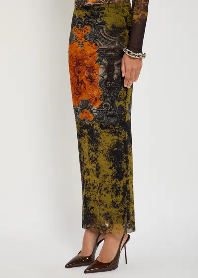 Jean Paul Gaultier Mesh Skirt With Graphic Print Overlay In Multi