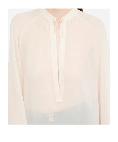 Liu •jo Bow Collar Button Charm Keyhole Pleated Sheer In White