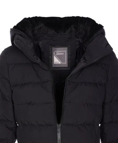 Herno Padded Hooded Long Down Jacket Zip Pockets In Black
