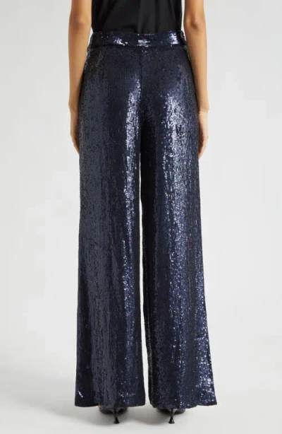 Twp Adieu Sequin Wide Leg Silk Pants In Navy