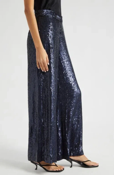 Twp Adieu Sequin Wide Leg Silk Pants In Navy
